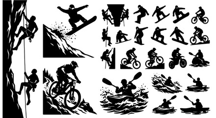 Extreme Sports Vector Icons: Snowboarding, Mountain Biking, Rock Climbing, Kayaking Silhouettes for Adventure Graphics © Abir
