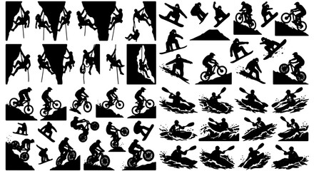 Extreme Sports Silhouettes Collection: Rock Climbing, Snowboarding, Mountain Biking, Kayaking Icons for Adventure and Outdoor Activity Design © Abir