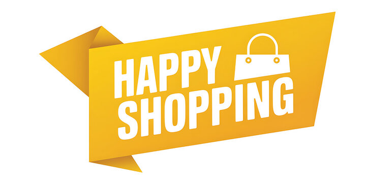 Yellow origami banner with white text happy shopping and shopping bag icon paper speech bubble
