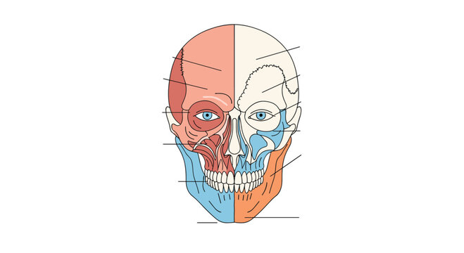 Detailed human skull illustration showing the front view of anatomical structures with labeled parts for medical and dental studies.