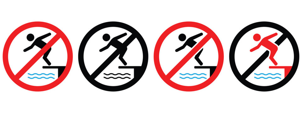 No Diving and No Jumping Prohibition Sign Set for Swimming Pools and Water Safety Vector Collection
