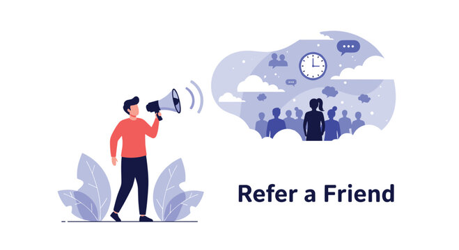 Man with a megaphone announcing a refer a friend program with people icons and a clock in a speech bubble.
