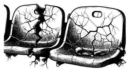 Vandalized and broken stadium seats with deep cracks, derelict abandoned sports arena facility illustration in etched style © JakubVectorSketch