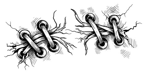 Surreal shoelaces threaded through cracked stone surface, conceptual street art style urban repair and fashion fusion © JakubVectorSketch