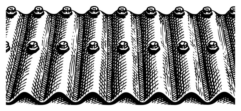 Industrial corrugated metal sheet with bolts and screws, high-detail shaded texture for warehouse roofing or siding