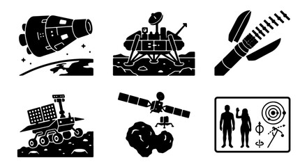 Space Exploration Icons Set: Rocket, Rover, Lander, Capsule, Satellite, Asteroid, Astronauts, Solar System, Science, Technology, Vector Graphics © Shahinur