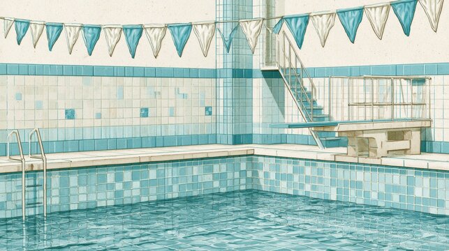 A retro school swimming pool from the 1960s with a diving board, tile borders, and pennant flags hanging above the water.