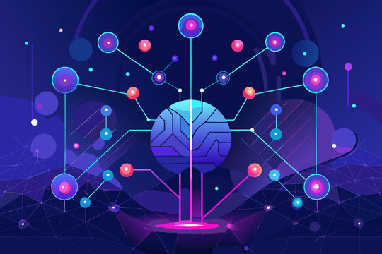 Abstract network illustration in dark blue and purple with connecting nodes and geometric shapes