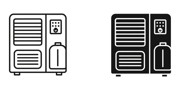Portable dehumidifier unit with control panel and water tank in minimalist line art and solid silhouette styles