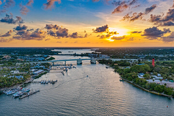 aerial view of Jupiter Inlet and US 1 bridge at sunset © Bruce