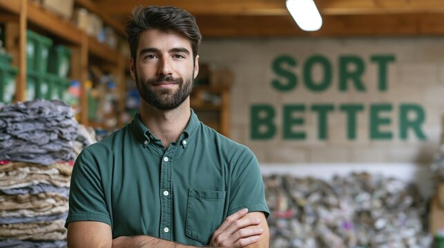 Male recycling education coordinator in clean workshop with sorted materials