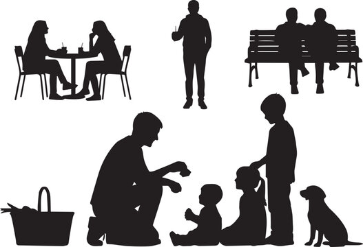 Family and social lifestyle silhouettes featuring caf&eacute; conversation, parenting moments, park relaxation, pets, and outdoor leisure vector illustration collection design