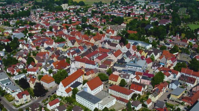 Aerial view of the old town and city Aichach in Germany, Bavaria on a sunny spring day