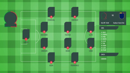 Infographic football starting 11 or soccer lineups formation. Set of football player positions on soccer field. Soccer jersey icons in flat design. Vector Illustration. © tondruangwit