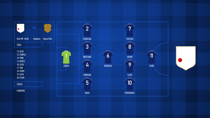 Infographic football starting 11 or soccer lineups formation. Set of football player positions on soccer field. Soccer jersey icons in flat design. Vector Illustration. © tondruangwit