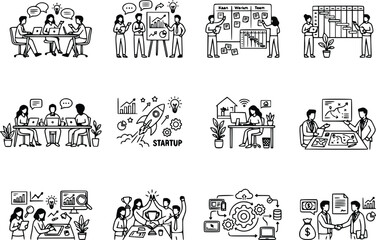Naklejka premium Business Startup Line Art Set Teamwork Office Workflow Illustrations