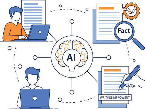 People using AI technology for writing improvement and fact checking on laptops