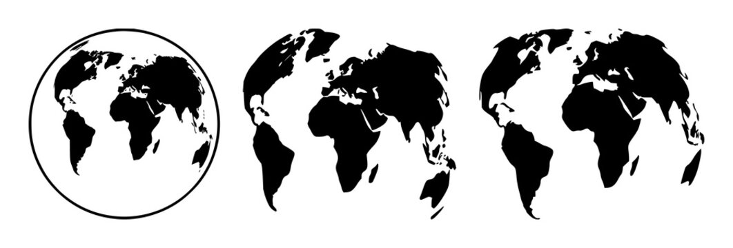 Global business world icon set with solid black illustration on white background featuring globe, corporate, currency symbols with flat design and vector graphics