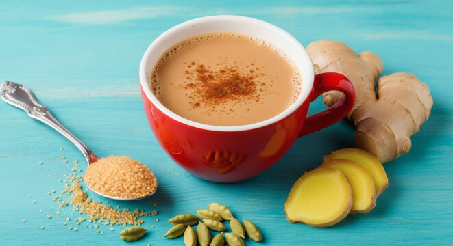 Red cup of spiced ginger tea with fresh aromatic ingredients
