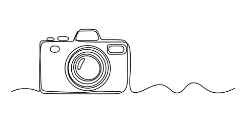 Simple continuous line drawing of a vintage camera with a wavy line extending from it Vector, illustration © Nebaron