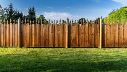 Fototapeta premium a long wooden fence with vertical planks and decorative posts bordered by green grass and trees in the background