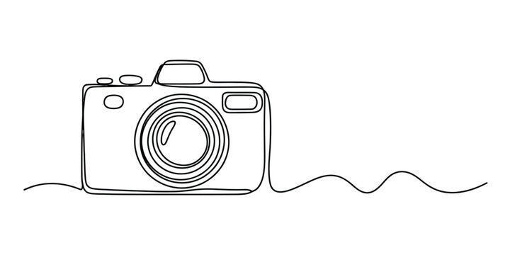 Simple continuous line drawing of a vintage camera with a wavy line extending from it Vector, illustration