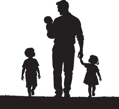 Father walking with three children in park silhouette vector illustration outdoors design