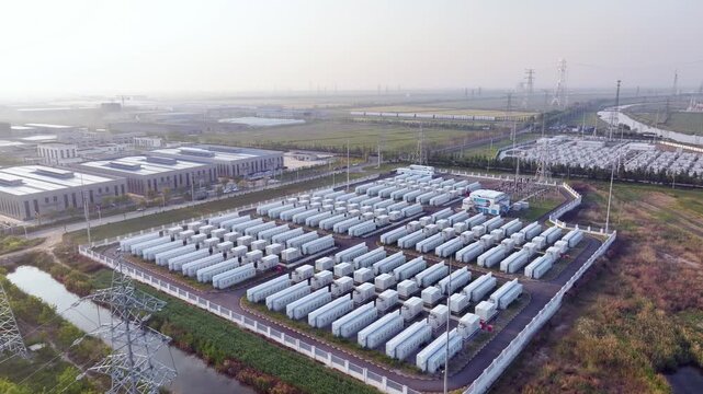 Panoramic view of battery array at energy storage power station in industrial park