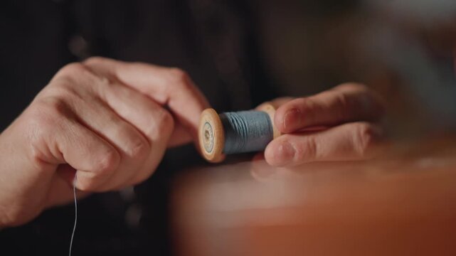 Closeup of skilled hands working meticulously. Detailed view of hands preparing thread for restoration. Focused closeup on artisan delicately winding thread onto wooden spool under warm lighting