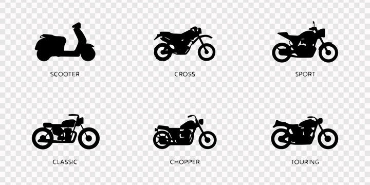transparent background, Motorcycle Type and Model Objects icons Set, Motorcycle Icon Vector Logo Template. Side view, profile. Types of motorcycles, Set of vintage custom motorcycle emblems, labels.