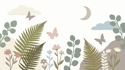 Obraz premium Delicate floral wallpaper pattern with butterflies and crescent moon