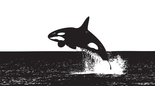 Orca, killer whale jumping out of water, black silhouette, ocean animal vector