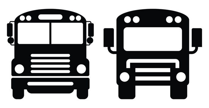 Black and white school bus front view icons set Vector