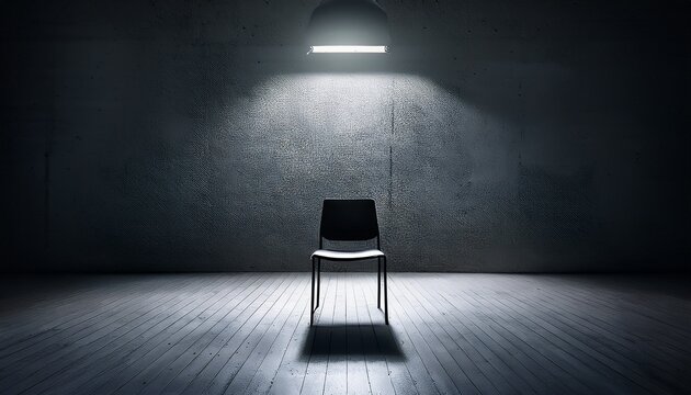 minimalistic empty concrete room with a single chair illuminated by overhead light creating dramatic atmosphere of isolation solitude and psychological tension