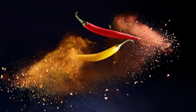 red and yellow chili peppers suspended in air with exploding spice powder and seeds over a dark background creating a dramatic spicy food and cooking concept