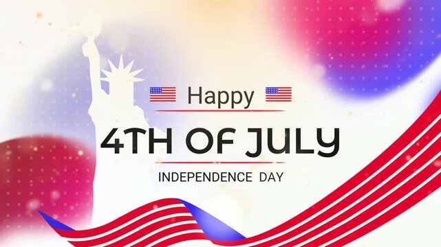 Statue of Liberty silhouette stands prominently against a vibrant gradient backdrop featuring a waving national flag and festive typography to celebrate the fourth of July holiday with patriotic.