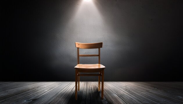 single wooden chair under spotlight in empty dark concrete room loneliness and isolation concept