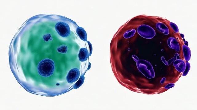 3D illustration comparing healthy and diseased cells, cellular pathology concept