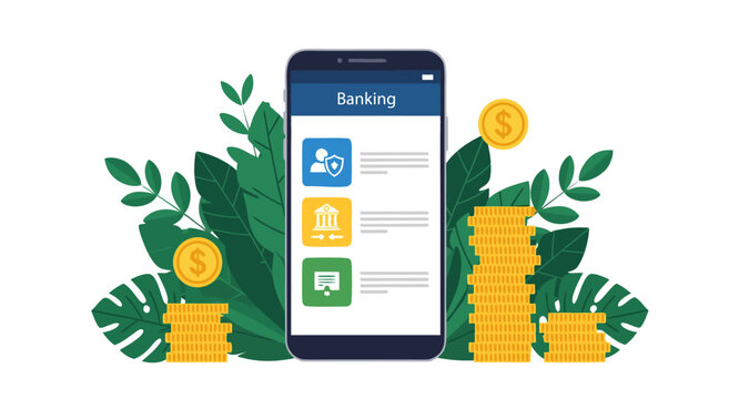 Mobile banking vector illustration of money management and financial services on smartphone with coins and plants