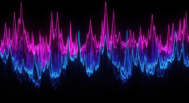 Colorful sound wave pattern with pink and blue neon lines on black background