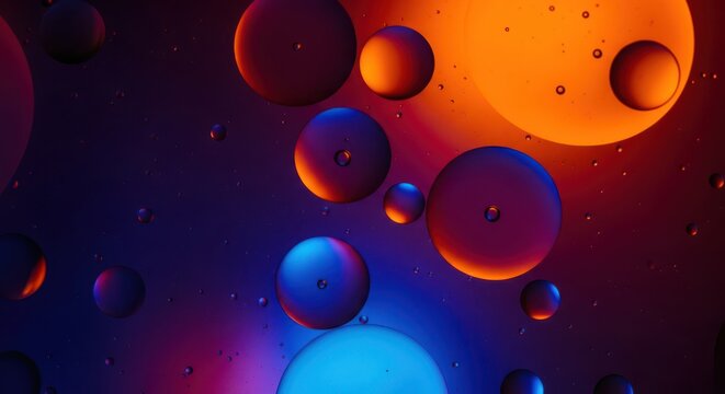 Colorful translucent shiny bubbles floating in mid air with gradient background