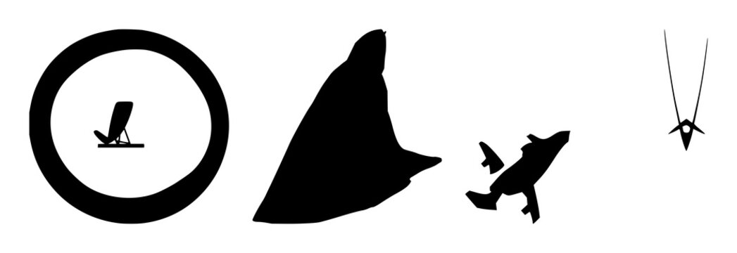 Translation set with solid black icon on white background featuring travel, communication, global cultural exchange with arrows and flags