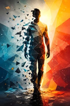 Man emerging from a digital fragmentation, symbolizing transformation and renewal with abstract geometric elements