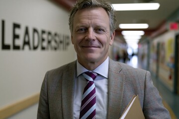 Fototapeta na wymiar Male school principal holding folder in modern hallway with leadership sign