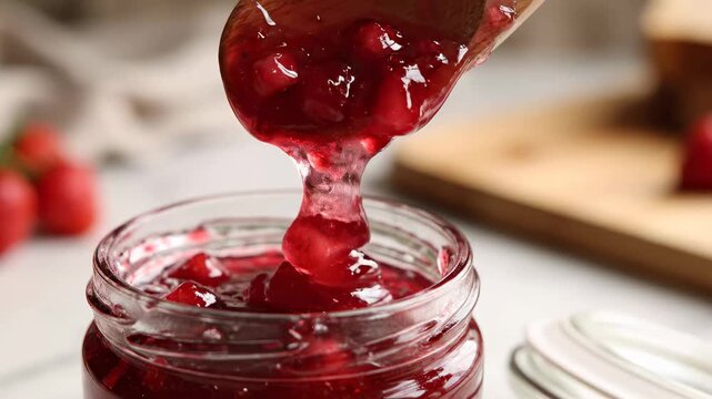 Red jam is scooped from glass jar with wooden spoon. Kitchen countertop features cooking tools and fruits. Concept of food preparation, culinary, jam production