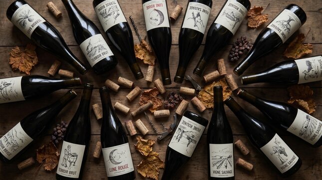 Collection of wine bottles and corks arranged on a rustic wooden table