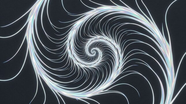 Abstract iridescent spiral pattern with glowing lines on dark background