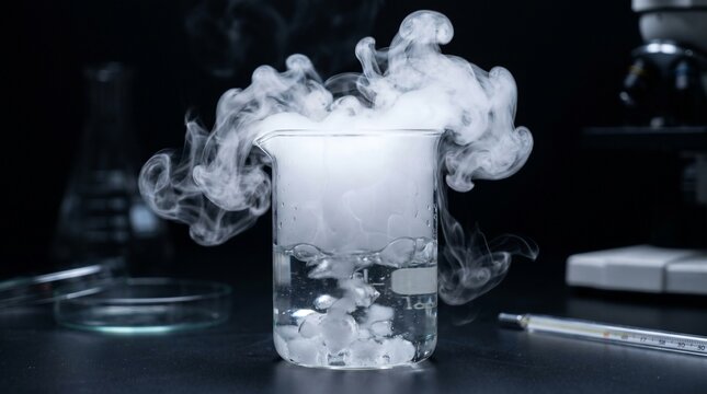 White smoke billowing from beaker with ice cubes in liquid on dark laboratory table