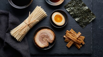 Fototapeta premium Ramen ingredients arranged on a dark slate surface including noodles, pork, egg, and nori