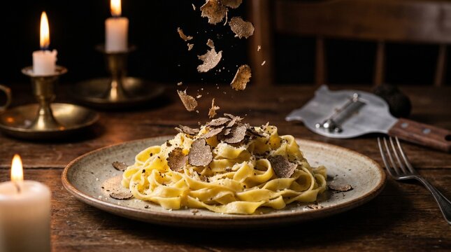 Fresh fettuccine pasta with shaved black truffles and candlelight